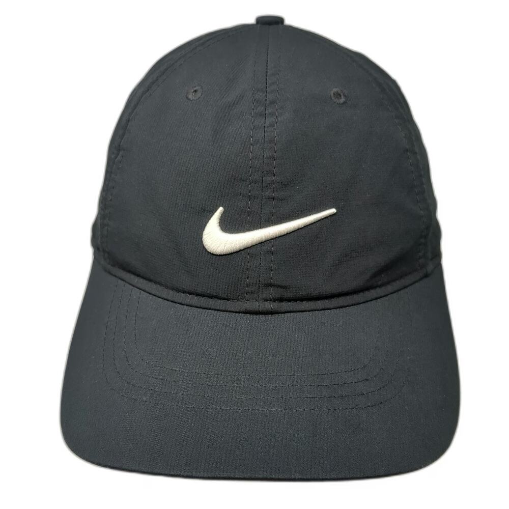 Nike Baseball Cap Black OS Strapback Swoosh Logo Polyester Golf Hat Embroidered